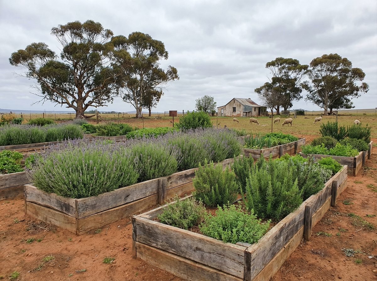 South African rural herb farm with raised garden beds