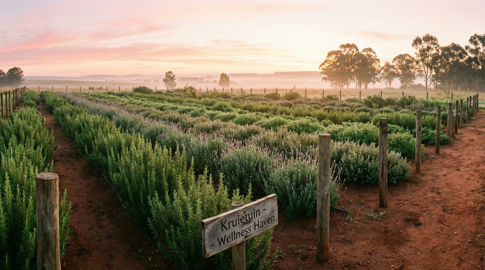 South African herb farm at sunrise — rows of rosemary and lavender in misty morning light